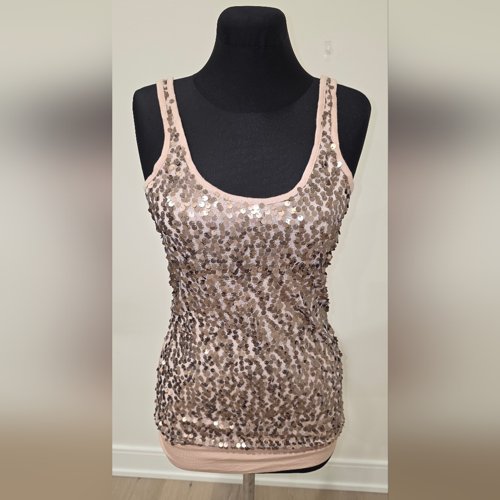 Vila Bronze Sequin Cami Fitted Tank Top with Scoop Neckline Stella Top , XS